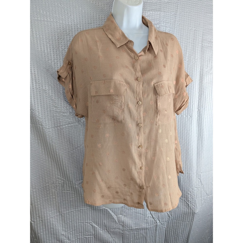 Harve Benard Womens Medium Tan Metallic Dot Button-Up Top Roll Sleeve Blouse